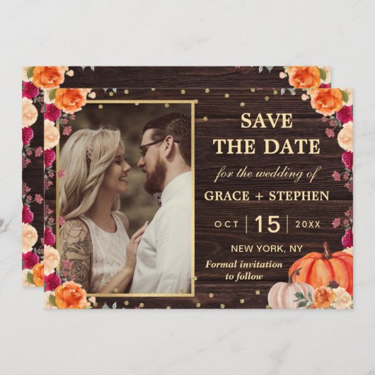 Save The Date Rustic Fall Citrouille mariage floral enregistrer (Devant / Derrière)