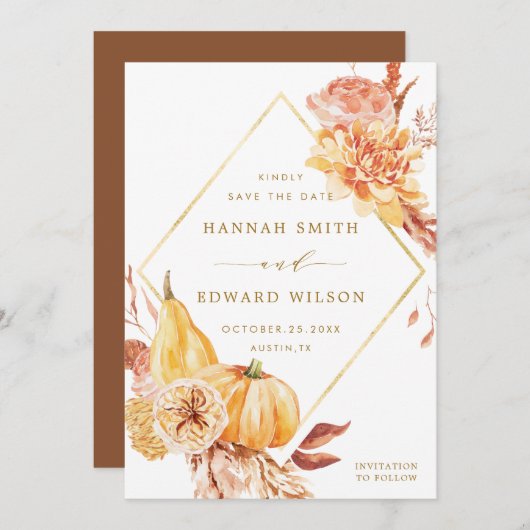 Save The Date Rustic Fall Gold Floral Orange Citrouille Mariage (Devant / Derrière)