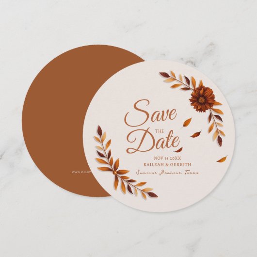 Save The Date Rustic Fall Leaves Burnt Sienna Beige Wedding (Devant / Derrière)