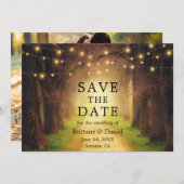 Save The Date Rustic Forest Path Mariage String Lumières Photo (Devant / Derrière)