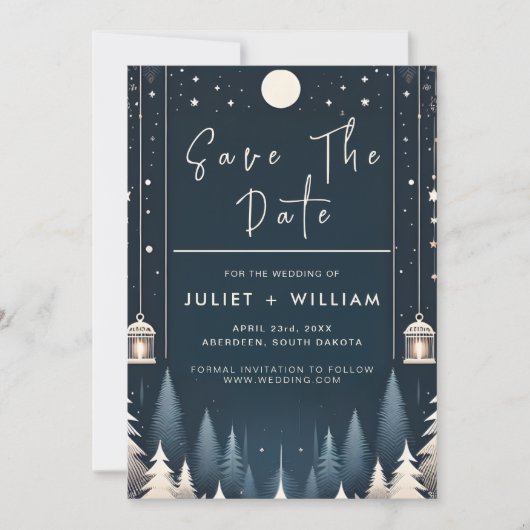 Save The Date Rustic Forest Stars Neige brillant Mariage d'hiver (Devant)