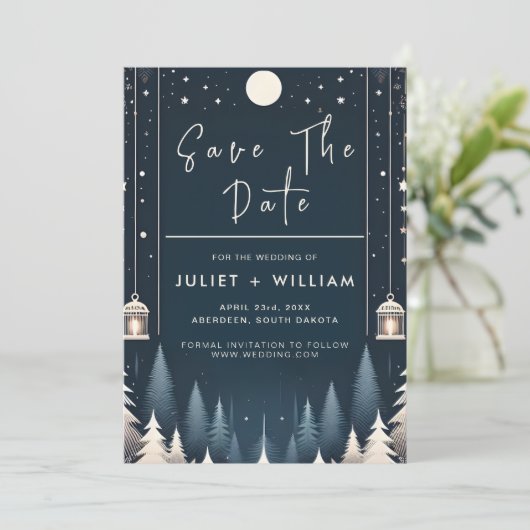 Save The Date Rustic Forest Stars Neige brillant Mariage d'hiver (Debout devant)