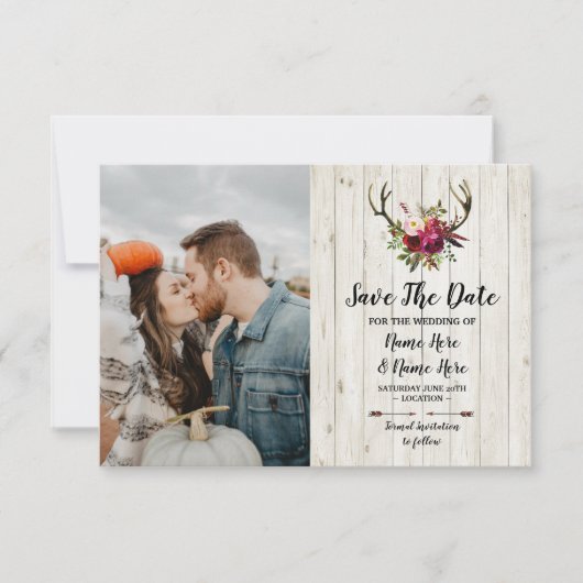 Save The Date Rustic Geweien Herten Bloem Foto (Voorkant)