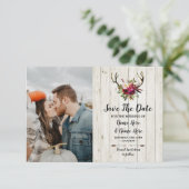 Save The Date Rustic Geweien Herten Bloem Foto (Staand voorkant)