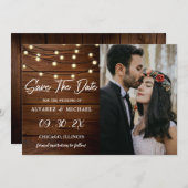 Save The Date Rustic Grange Bois Chaîne Lumières Mariage Photo (Devant / Derrière)