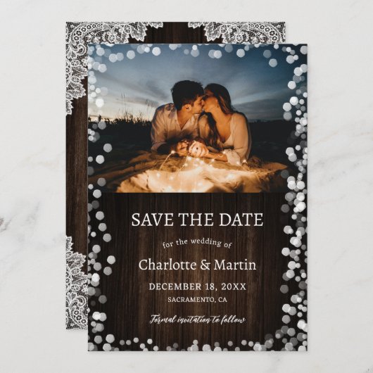 Save The Date Rustic Grange Bois Dentelle Burlap Coeurs Mariage (Devant / Derrière)