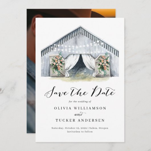 Save The Date Rustic Grange Farmhouse Photo Enregistrer la date (Devant / Derrière)