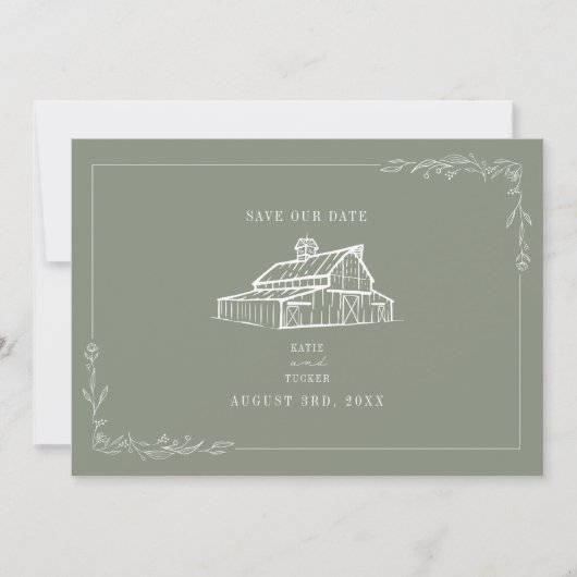 Save The Date Rustic Grange Mariage Sage Green Enregistrer La Da (Devant)