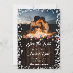 Save The Date Rustic Grange Wood Lace Lights Mariage de vacances