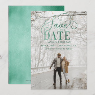 Save The Date Rustic Green Script Photo Moderne Enregistrer La D