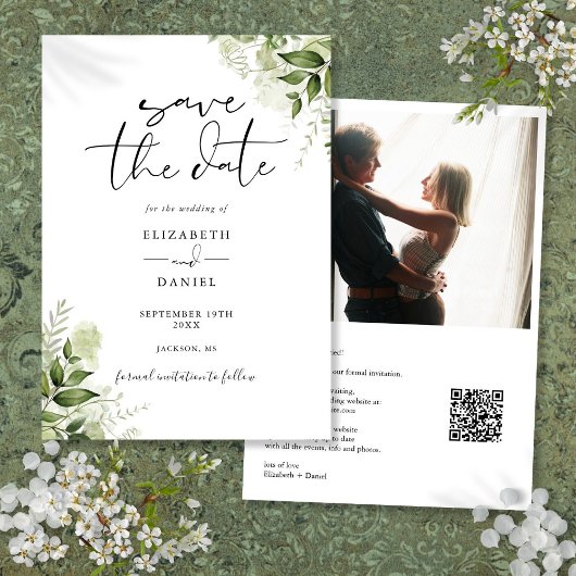 Save The Date Rustic Greenery Floral Photo QR Code Mariage