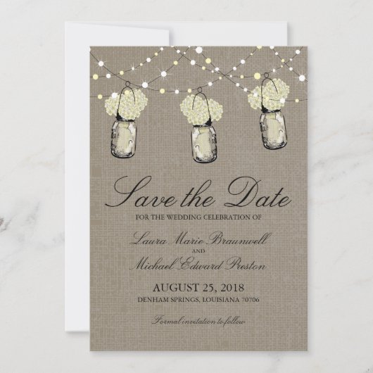 Save The Date Rustic Hanging Mason Jar Hydrangea Enregistrer la (Devant)