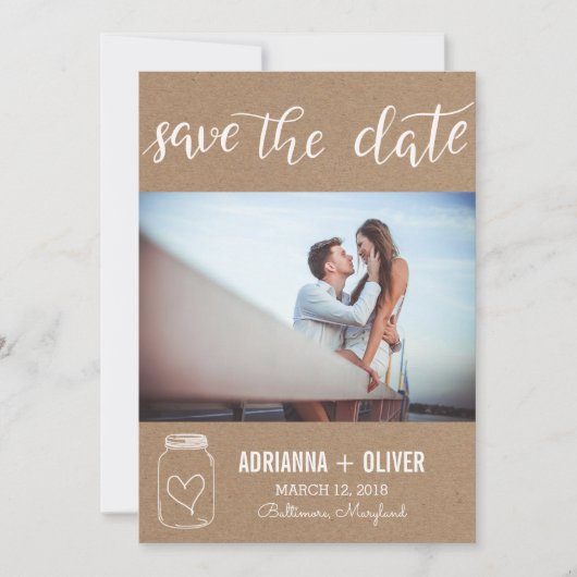 Save The Date Rustic Heart Mason Jar Enregistrer La Date Couple  (Devant)