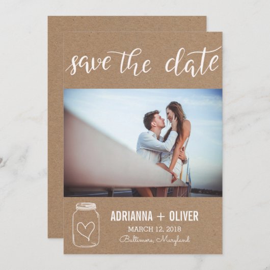 Save The Date Rustic Heart Mason Jar Enregistrer La Date Couple  (Devant / Derrière)