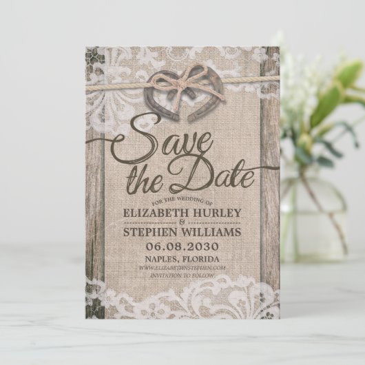 Save The Date Rustic Horseshoe Burlap Lace Wedding Enregistrer L (Debout devant)