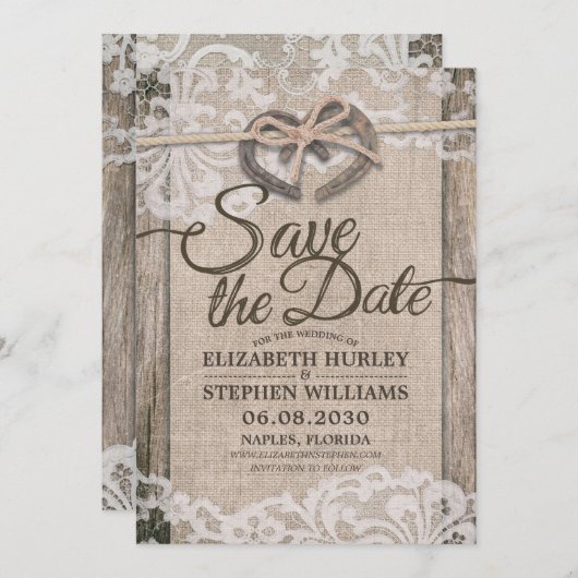 Save The Date Rustic Horseshoe Burlap Lace Wedding Enregistrer L (Devant / Derrière)