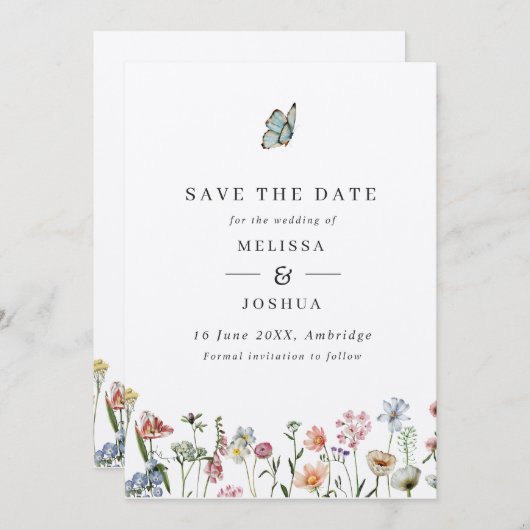 Save The Date Rustic Kraft Fleurs sauvages et Mariage papillon (Devant / Derrière)