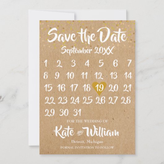 Save The Date Rustic Kraft Love Heart Calendrier Enregistrer la (Devant)