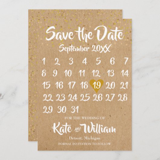 Save The Date Rustic Kraft Love Heart Calendrier Enregistrer la (Devant / Derrière)