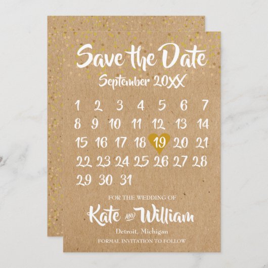 Save The Date Rustic Kraft Love Heart Calendrier Enregistrer la  (Devant / Derrière)