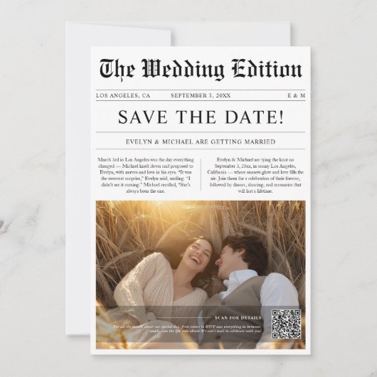 Save The Date Rustic Mariage Photo Style de journal QR Code (Devant)