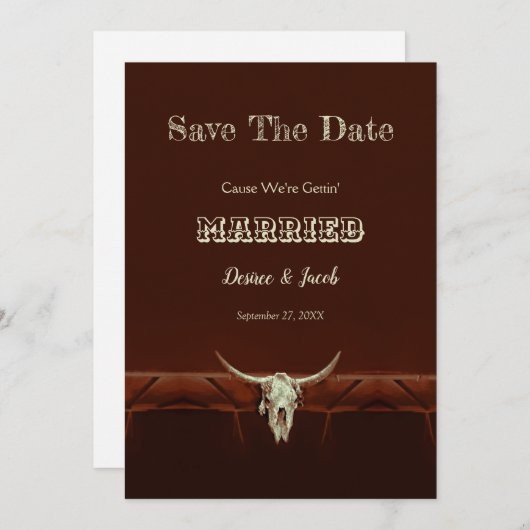 Save The Date Rustic Mariage Western Bull Skull Enregistrer La D (Devant / Derrière)