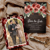 Save The Date Rustic Marsala Floral Photo Mariage bois