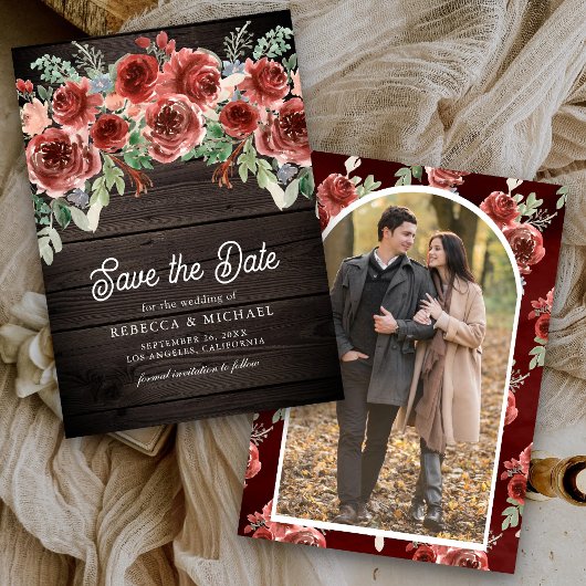 Save The Date Rustic Marsala Floral Photo Mariage bois