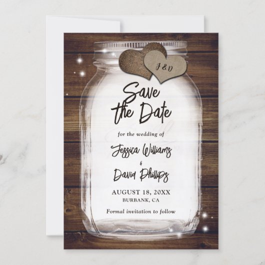 Save The Date Rustic Mason Jar Burlap Hearts Monogramme Mariage (Devant)