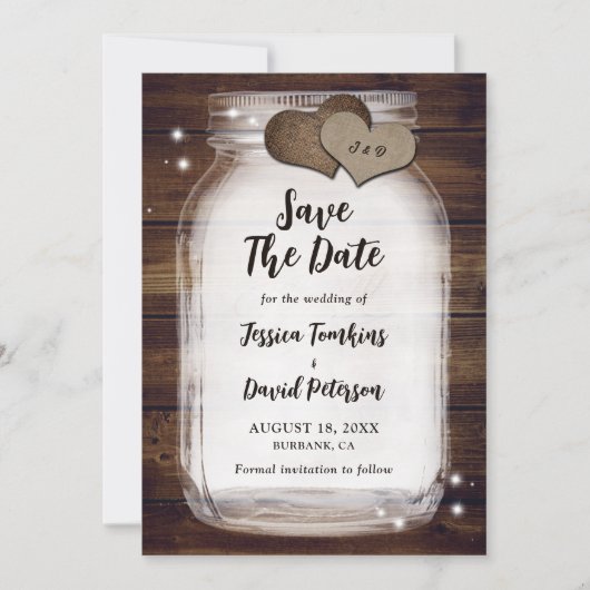 Save The Date Rustic Mason Jar Burlap Hearts Monogramme Mariage (Devant)