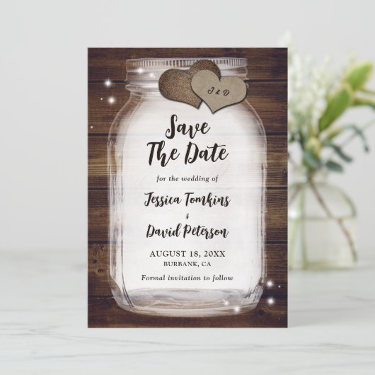 Save The Date Rustic Mason Jar Burlap Hearts Monogramme Mariage (Debout devant)