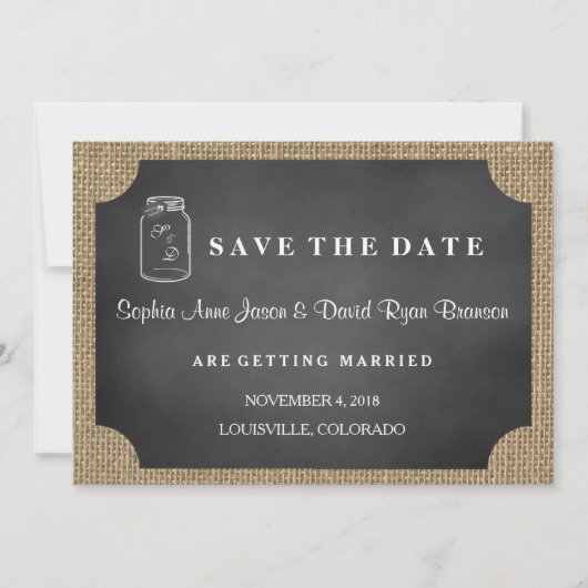 Save The Date Rustic Mason Jar Burlap Mariage ENREGISTRER LA DAT (Devant)