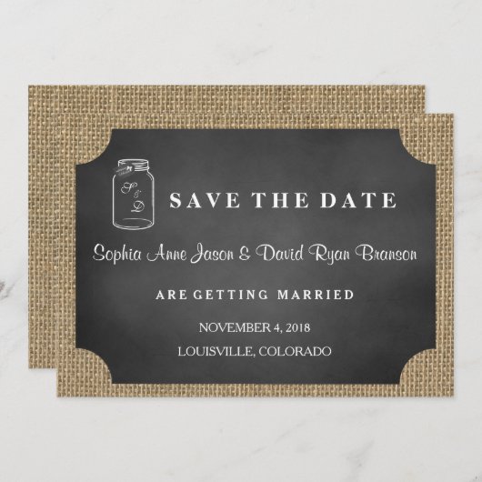 Save The Date Rustic Mason Jar Burlap Mariage ENREGISTRER LA DAT (Devant / Derrière)