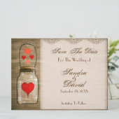 Save The Date Rustic Mason Jar et Coeurs Enregistrer la date (Debout devant)