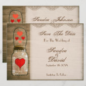 Save The Date Rustic Mason Jar et Coeurs Enregistrer la date (Devant / Derrière)