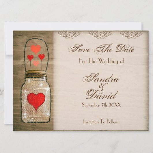 Save The Date Rustic Mason Jar et Coeurs Enregistrer la date (Devant)