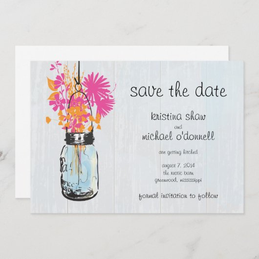 Save The Date Rustic Mason Jar & Fleurs sauvages Enregistrer la (Devant / Derrière)