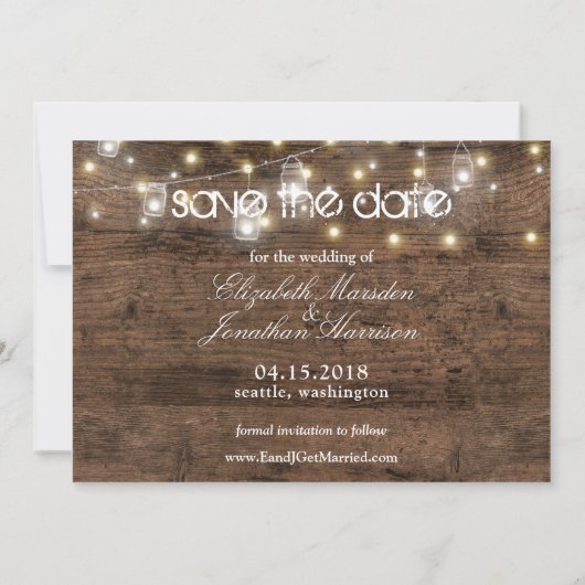 Save The Date Rustic Mason Jars et String Lights Mariage photo (Dos)