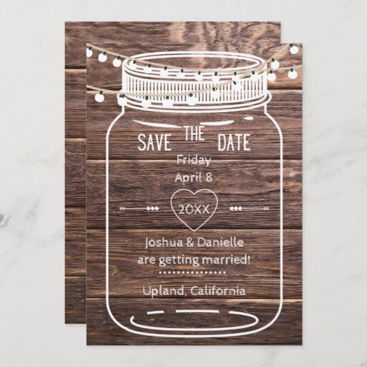 Save The Date Rustic Mason String Lights Jar Enregistrer la cart (Devant / Derrière)
