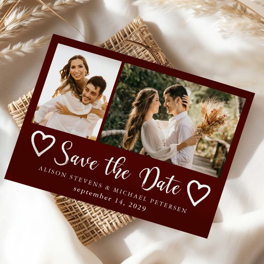Save The Date Rustic modern 2 photo burgundy wedding 
