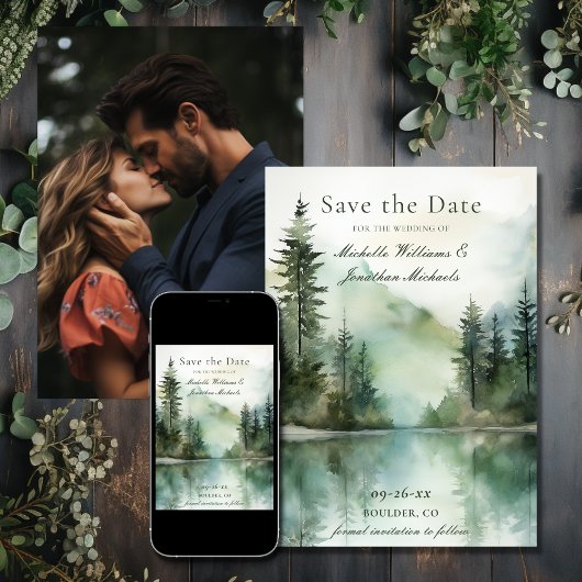 Save The Date Rustic Mountain Lake Forest Mariage photo