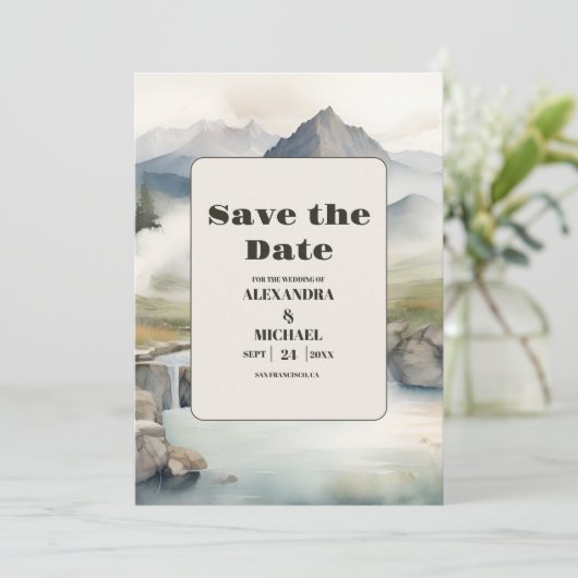 Save The Date Rustic Mountain Waterfall Boho Mariage (Debout devant)