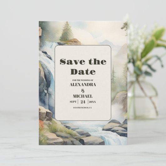 Save The Date Rustic Mountain Waterfall Boho Mariage (Debout devant)