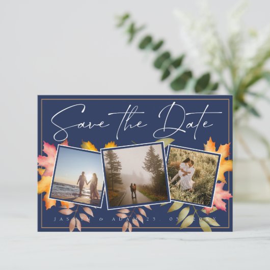 Save The Date Rustic Navy Blue Fall quitte trois Mariage photo (Debout devant)