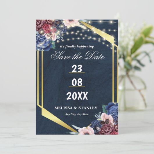 Save The Date Rustic Navy Blue Gold String Mariage (Debout devant)