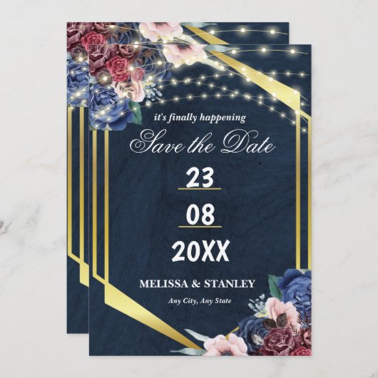 Save The Date Rustic Navy Blue Gold String Mariage (Devant / Derrière)