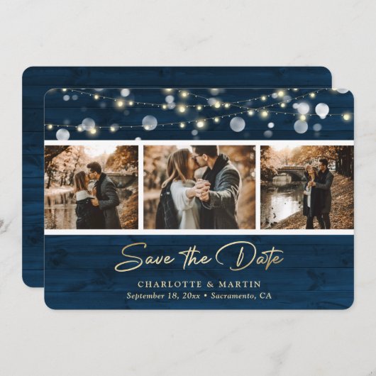 Save The Date Rustic Navy Mariage De Bois Bleu Photo Enregistrer (Devant / Derrière)