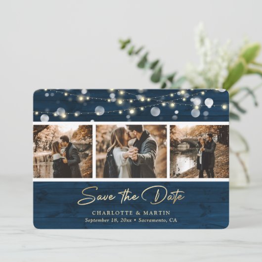 Save The Date Rustic Navy Mariage De Bois Bleu Photo Enregistrer (Debout devant)