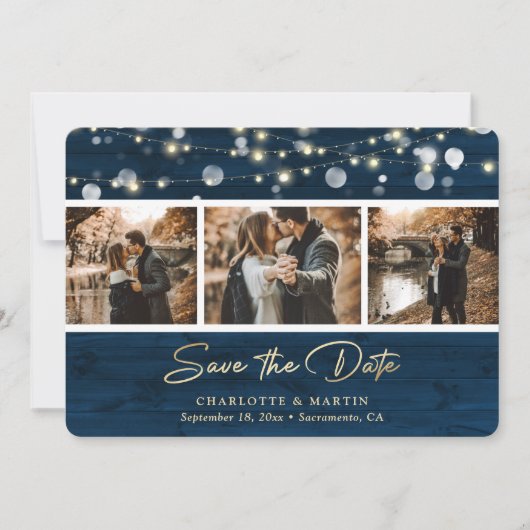 Save The Date Rustic Navy Mariage De Bois Bleu Photo Enregistrer (Devant)