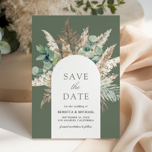Save The Date Rustic Pampas Eucalyptus Arch Sage Green Wedding